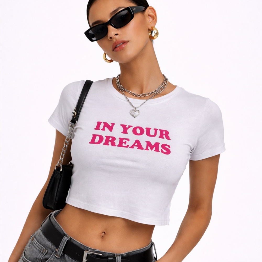 White Cropped Tee with Pink "In Your Dreams" Graphic pink vintage